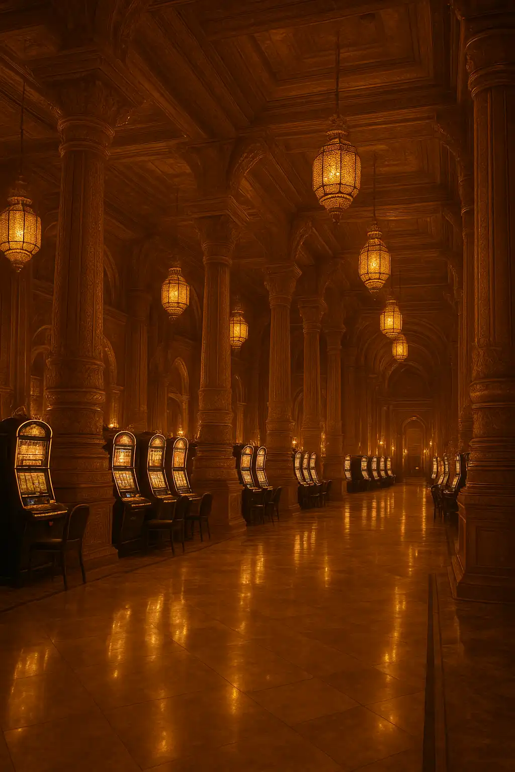 Golden temple casino hall with glowing slot machines and marble columns