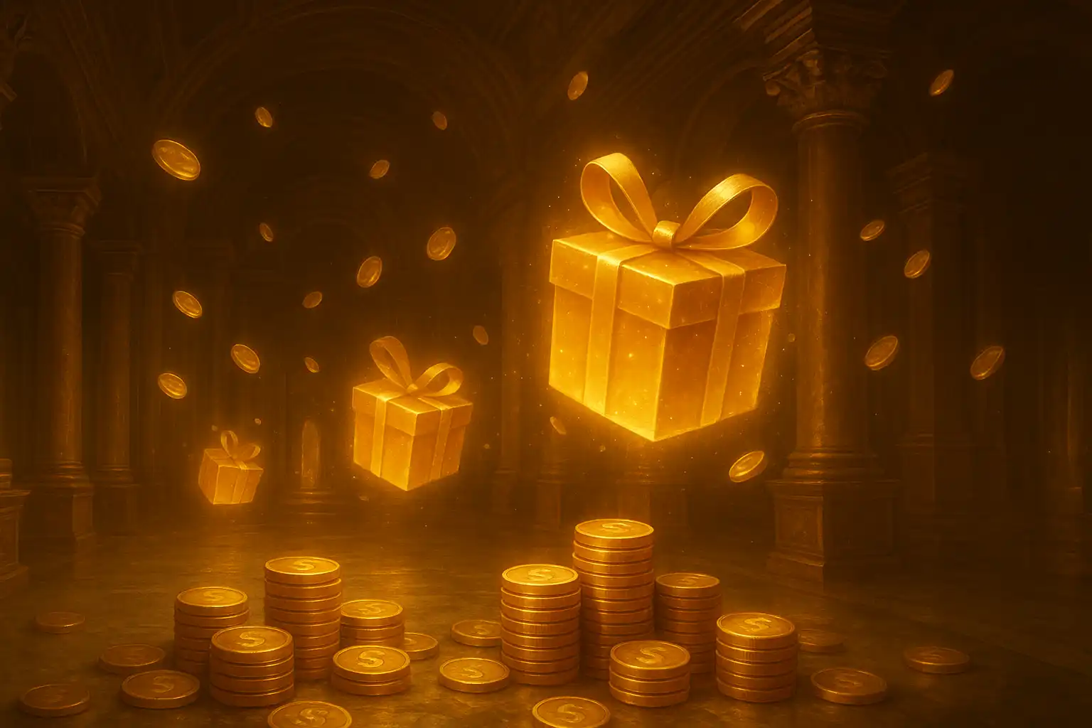Golden temple casino promotions artwork with coins and lanterns